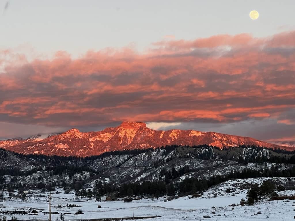 Winter sunset and full moon over Pagosa Springs, Colorado